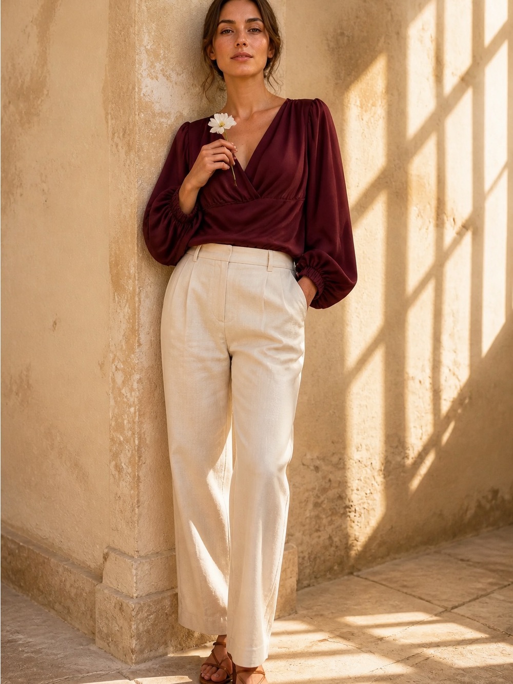 Express Women's V-Neck Long Sleeve Blouse in Burgundy